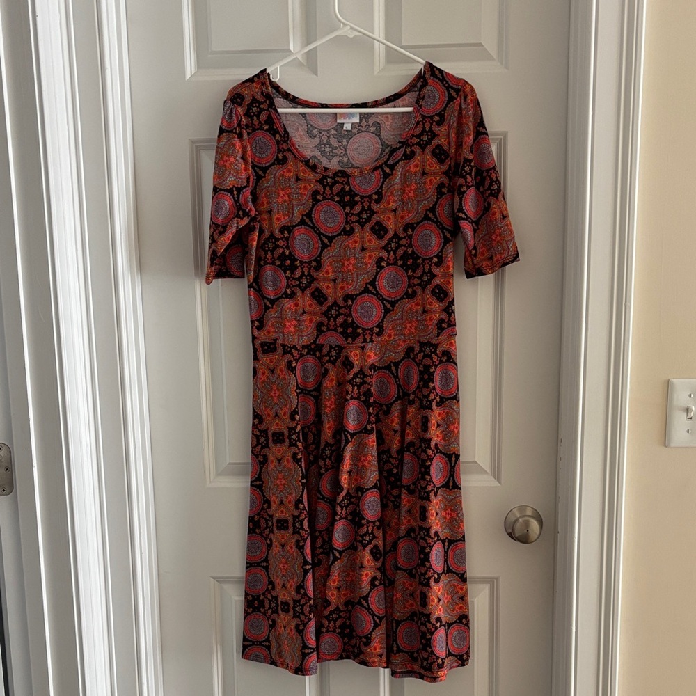 LuLaRoe Orange and Black Patterned Midi Dress